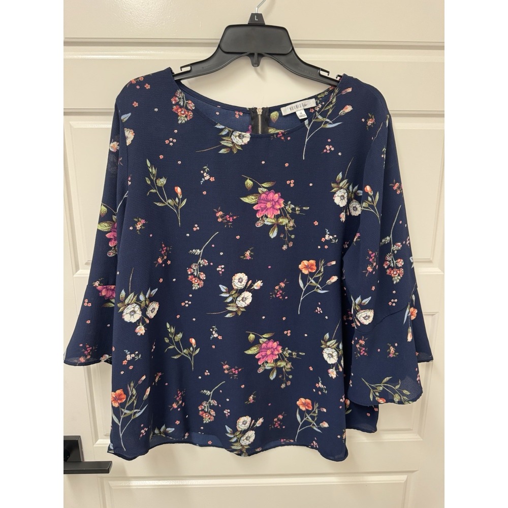 Nouvida Womens 1X Navy Blue Floral Bell Sleeve Back Zipper Tunic Blouse Top
